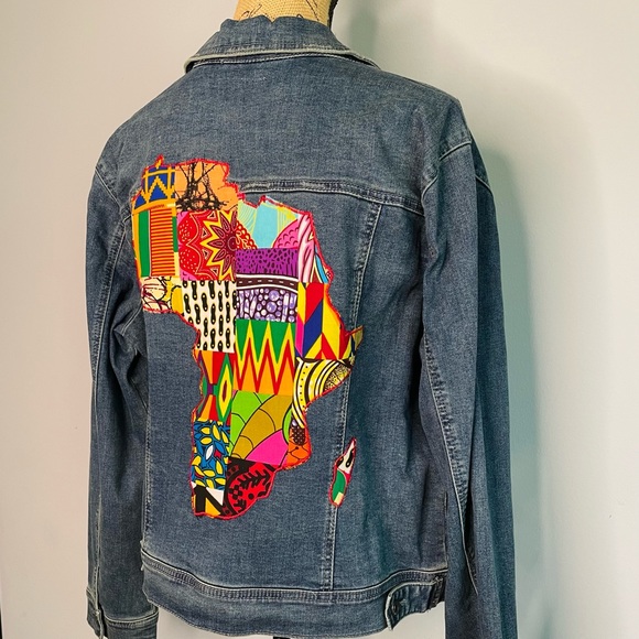 Jean African Print Patchwork Denim Jacket Stretch Denim Jacket - Picture 2 of 6
